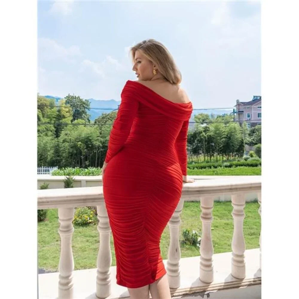 Women Sexy Off Shoulder Long Sleeve Dress Red - Picture 5 of 6
